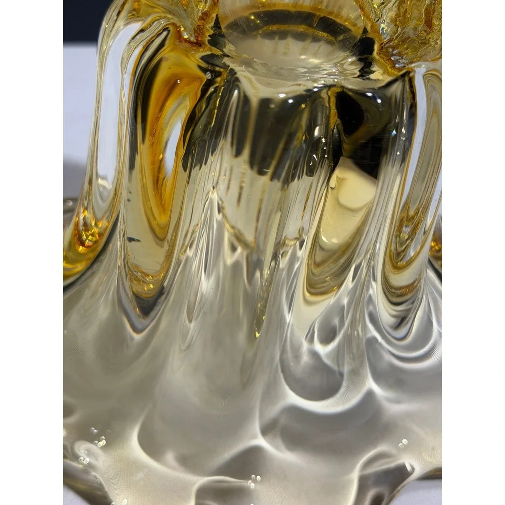 Vintage Murano Style Amber Yellow Sommerso Art Glass Flared Ribbed Vase